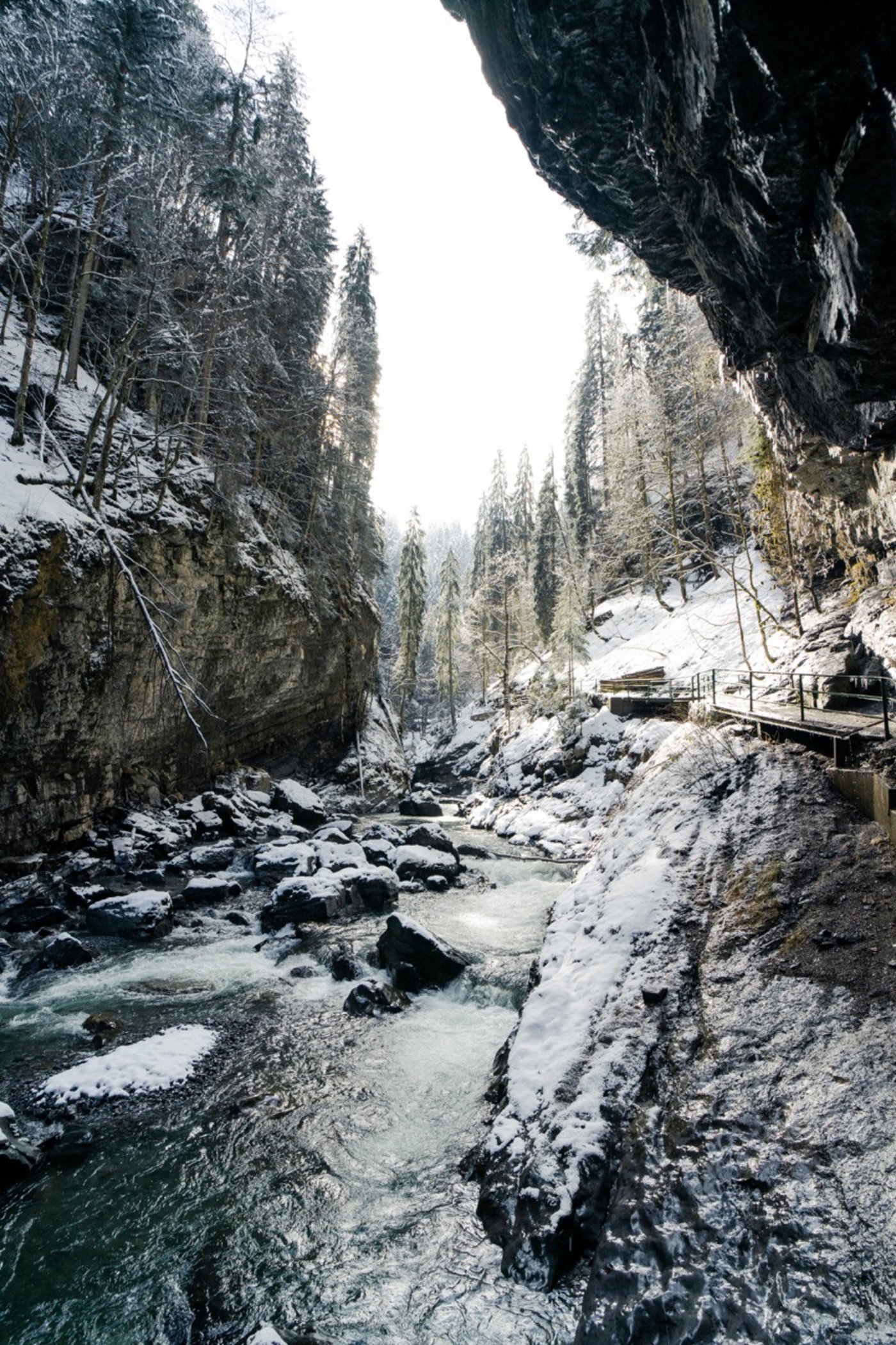 A waterfall with trees on the side of a snow covered slope